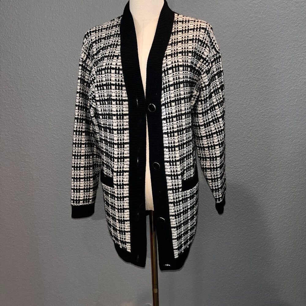 ARITZIA BABATON LACER OVERSIZED CARDIGAN - BLACK & CREAM TWEED MERINO WOOL - XXS